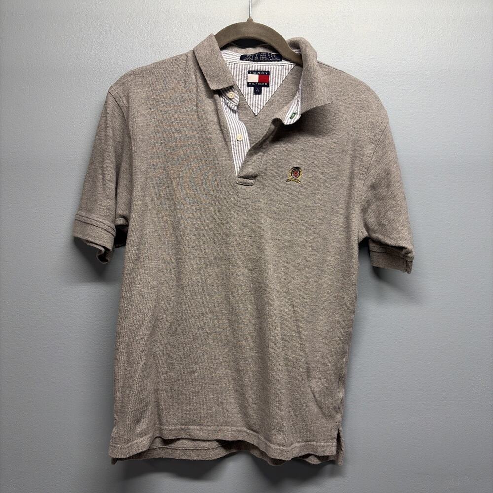 Vintage Tommy Hilfiger Crest Logo Polo - Boy’s Sz L (6) Gray Striped Collar 90s
